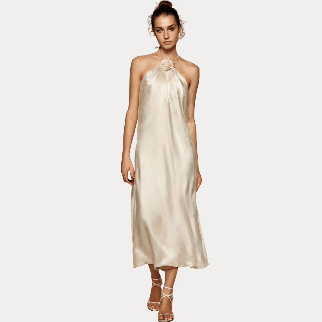 ABITO IN RASO DECORATO CON FIORE